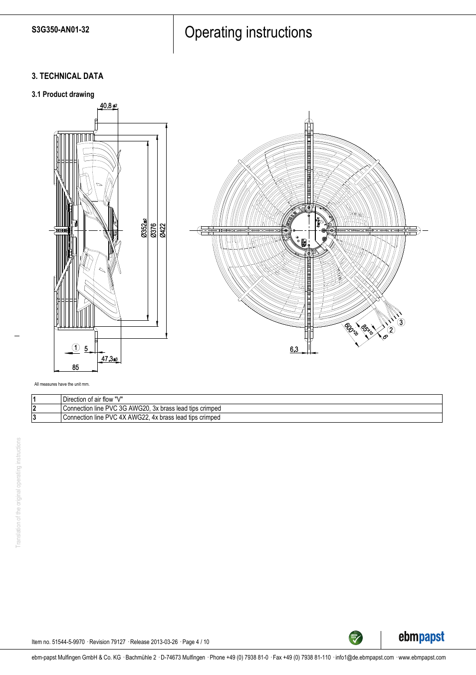 Operating instructions | ebm-papst S3G350-AN01-32 User Manual | Page 4 / 10