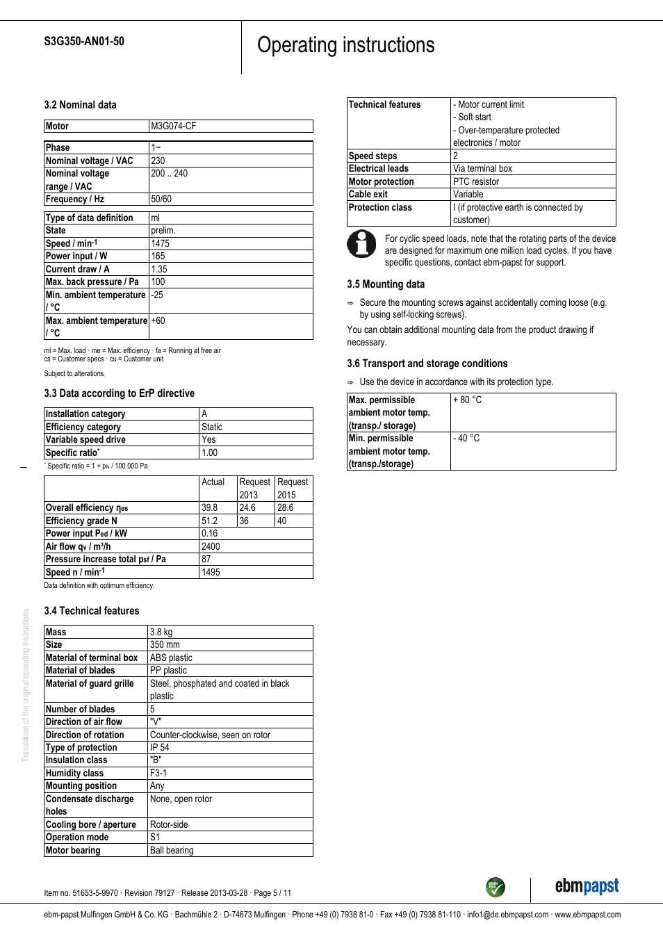 Operating instructions | ebm-papst S3G350-AN01-50 User Manual | Page 5 / 11