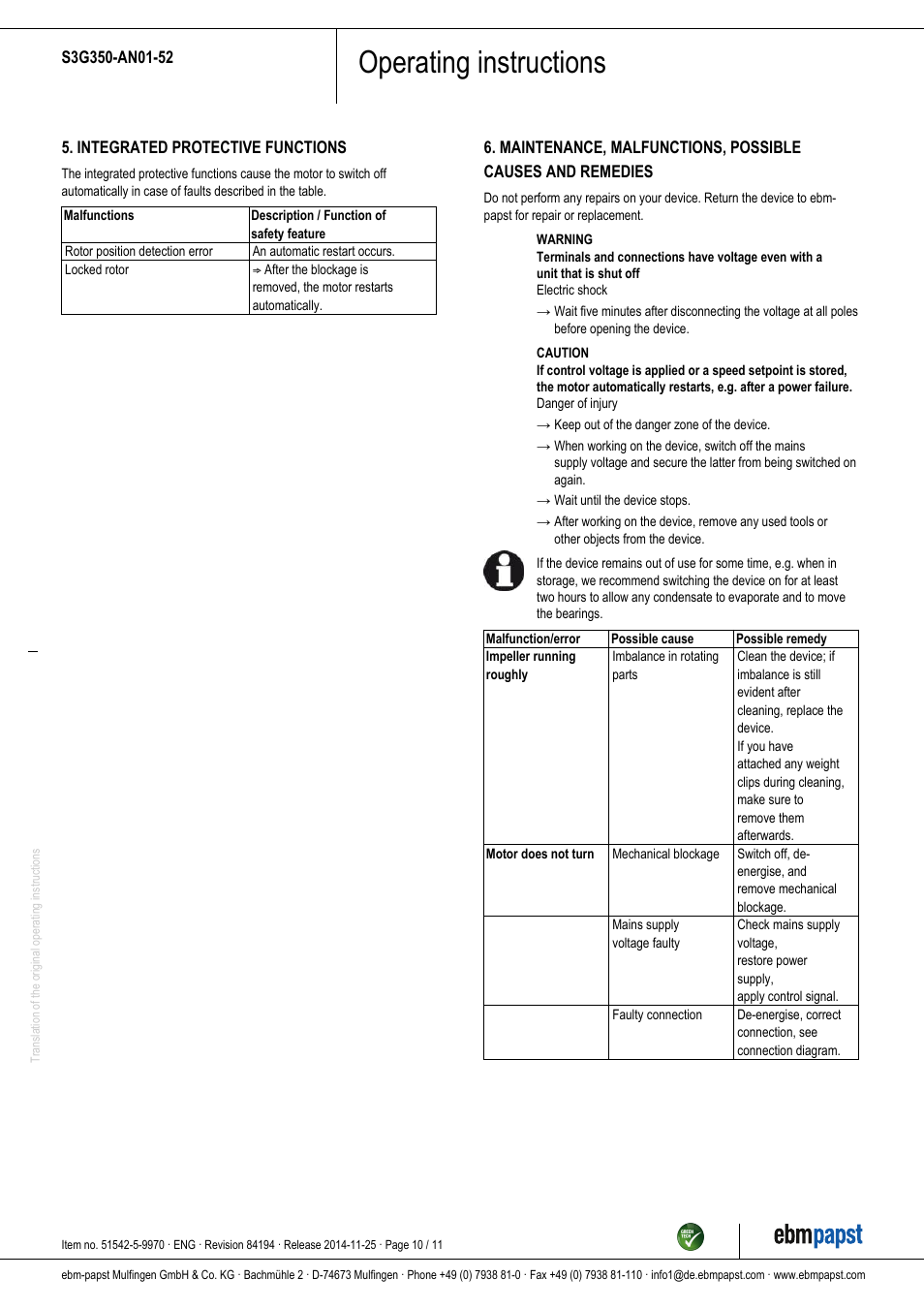 Operating instructions | ebm-papst S3G350-AN01-52 User Manual | Page 10 / 11