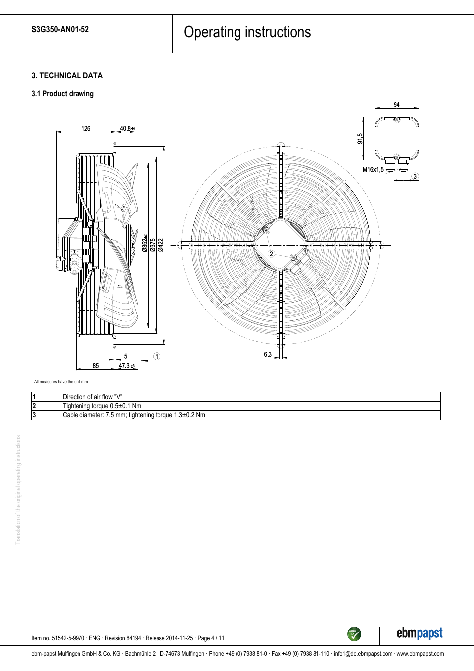 Operating instructions | ebm-papst S3G350-AN01-52 User Manual | Page 4 / 11