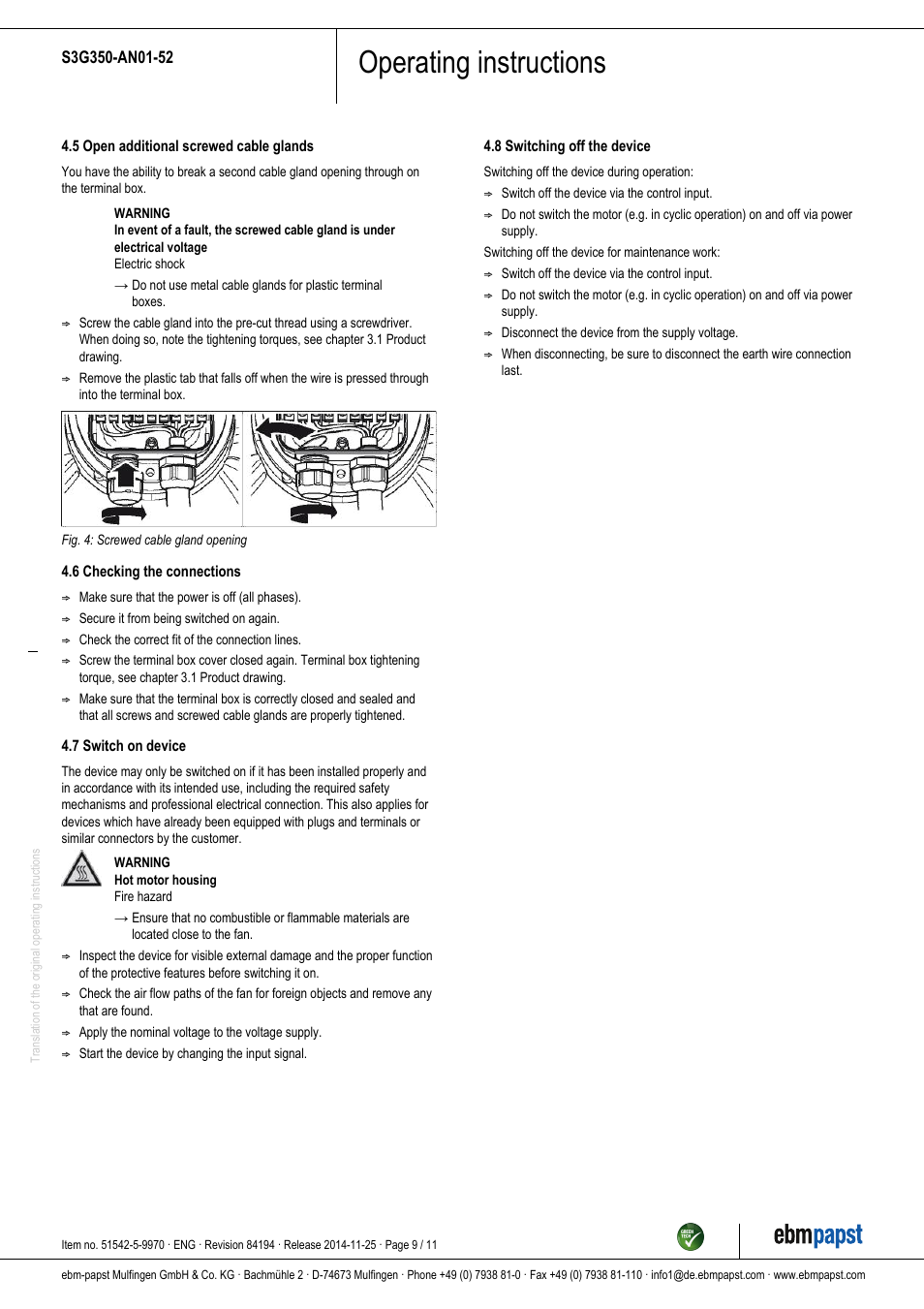 Operating instructions | ebm-papst S3G350-AN01-52 User Manual | Page 9 / 11