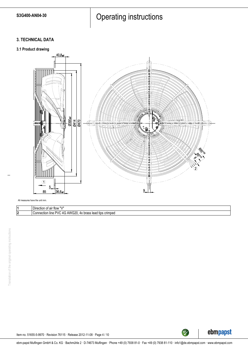 Operating instructions | ebm-papst S3G400-AN04-30 User Manual | Page 4 / 10