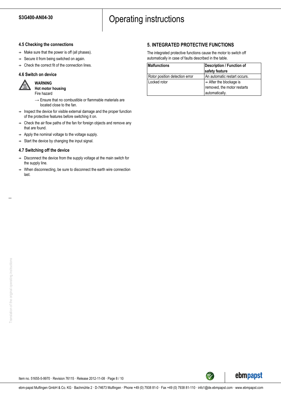 Operating instructions | ebm-papst S3G400-AN04-30 User Manual | Page 8 / 10