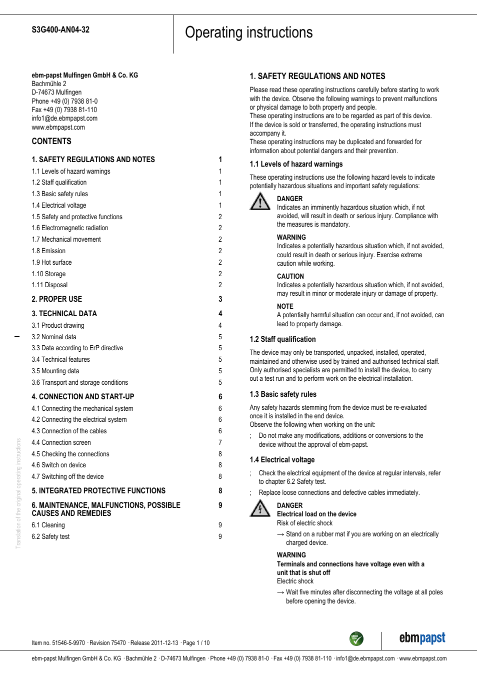 ebm-papst S3G400-AN04-32 User Manual | 10 pages