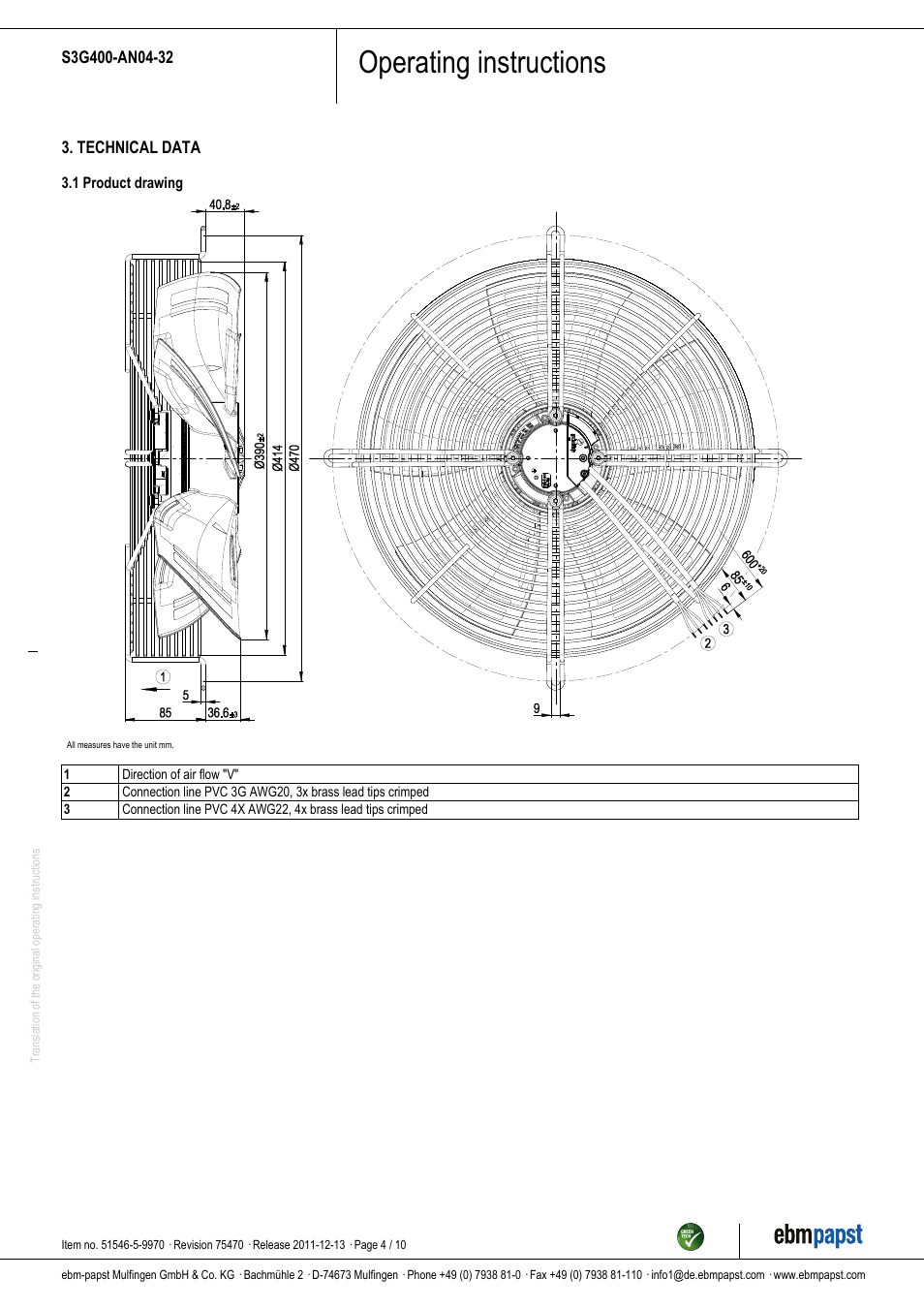 Operating instructions | ebm-papst S3G400-AN04-32 User Manual | Page 4 / 10