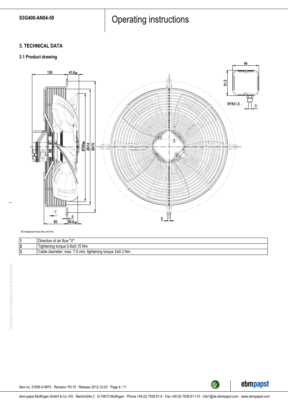 Operating instructions | ebm-papst S3G400-AN04-50 User Manual | Page 4 / 11