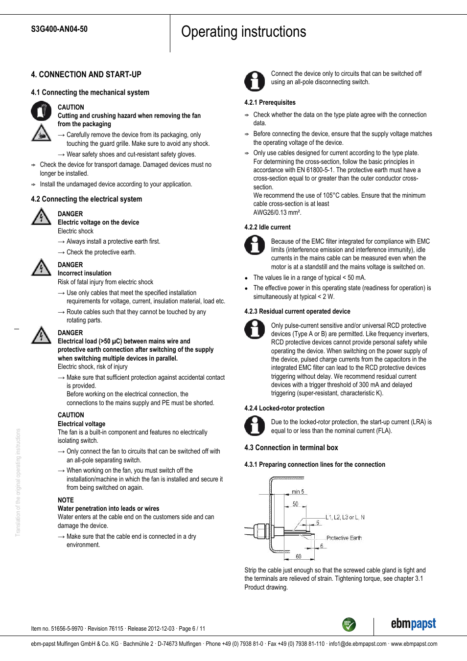 Operating instructions | ebm-papst S3G400-AN04-50 User Manual | Page 6 / 11