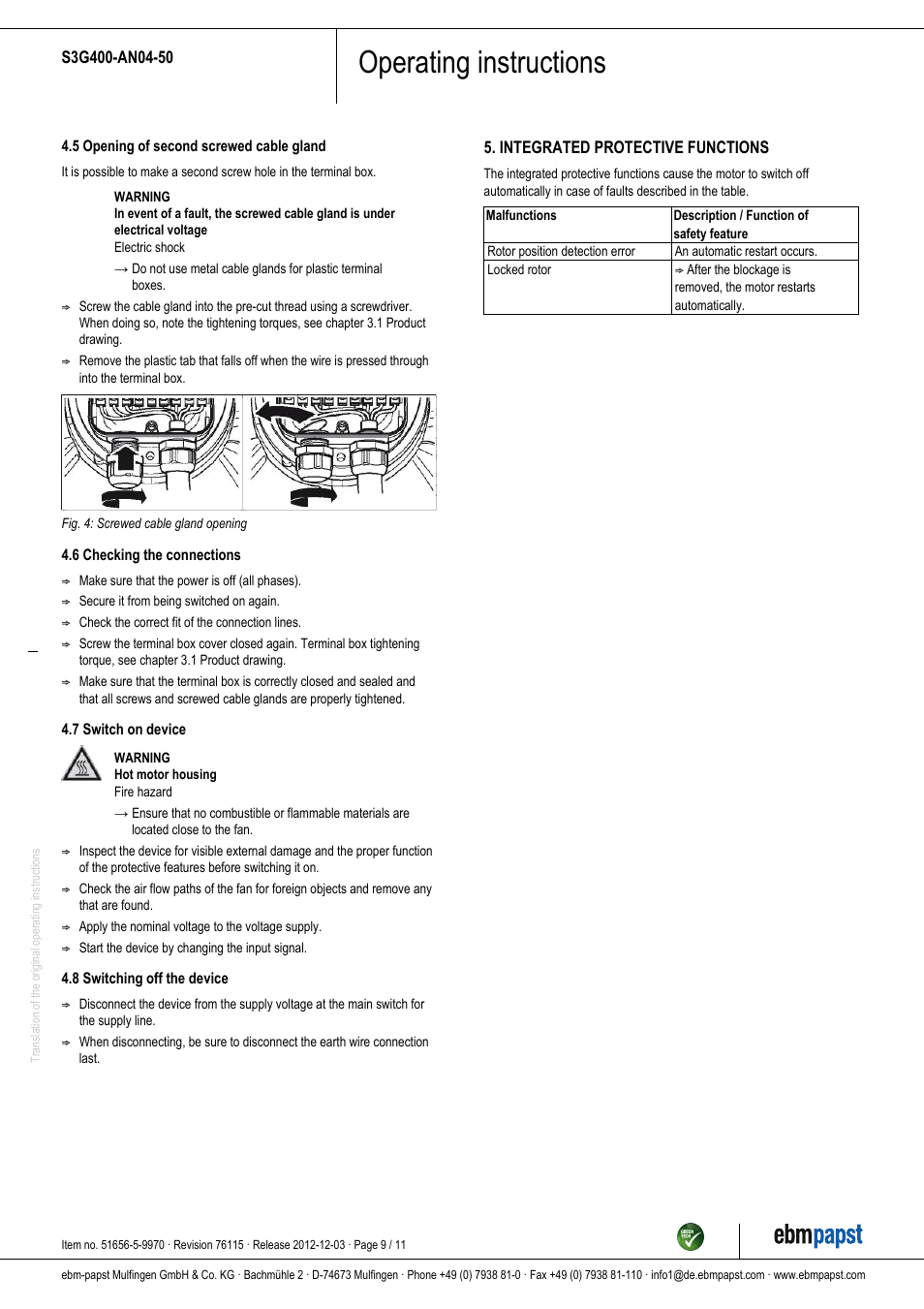 Operating instructions | ebm-papst S3G400-AN04-50 User Manual | Page 9 / 11