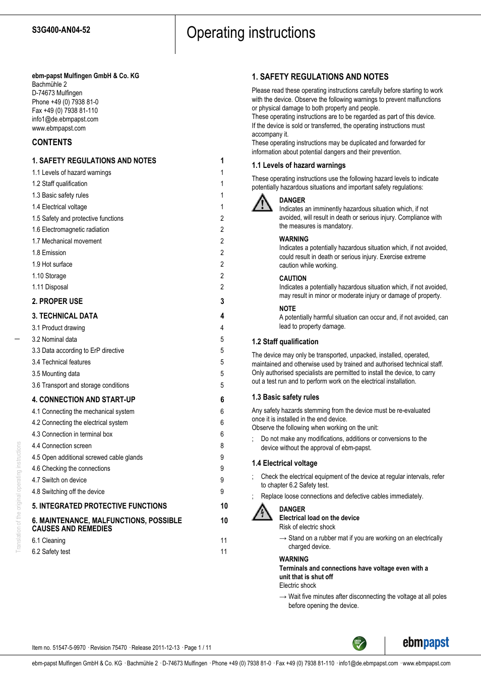 ebm-papst S3G400-AN04-52 User Manual | 11 pages