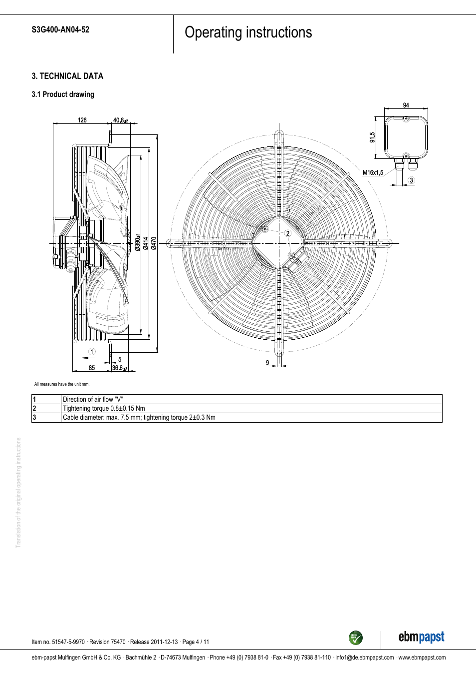 Operating instructions | ebm-papst S3G400-AN04-52 User Manual | Page 4 / 11