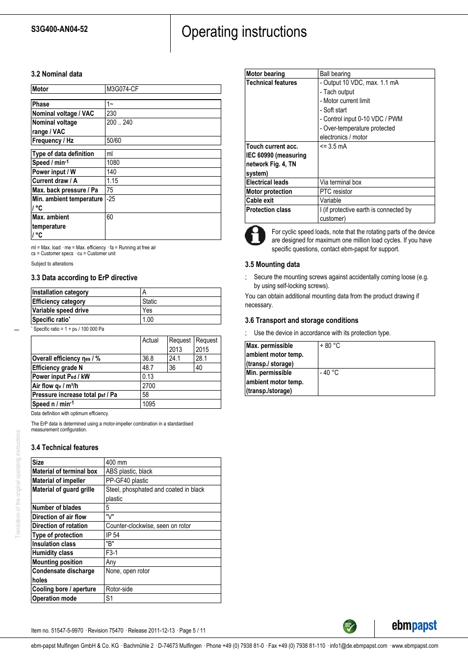 Operating instructions | ebm-papst S3G400-AN04-52 User Manual | Page 5 / 11