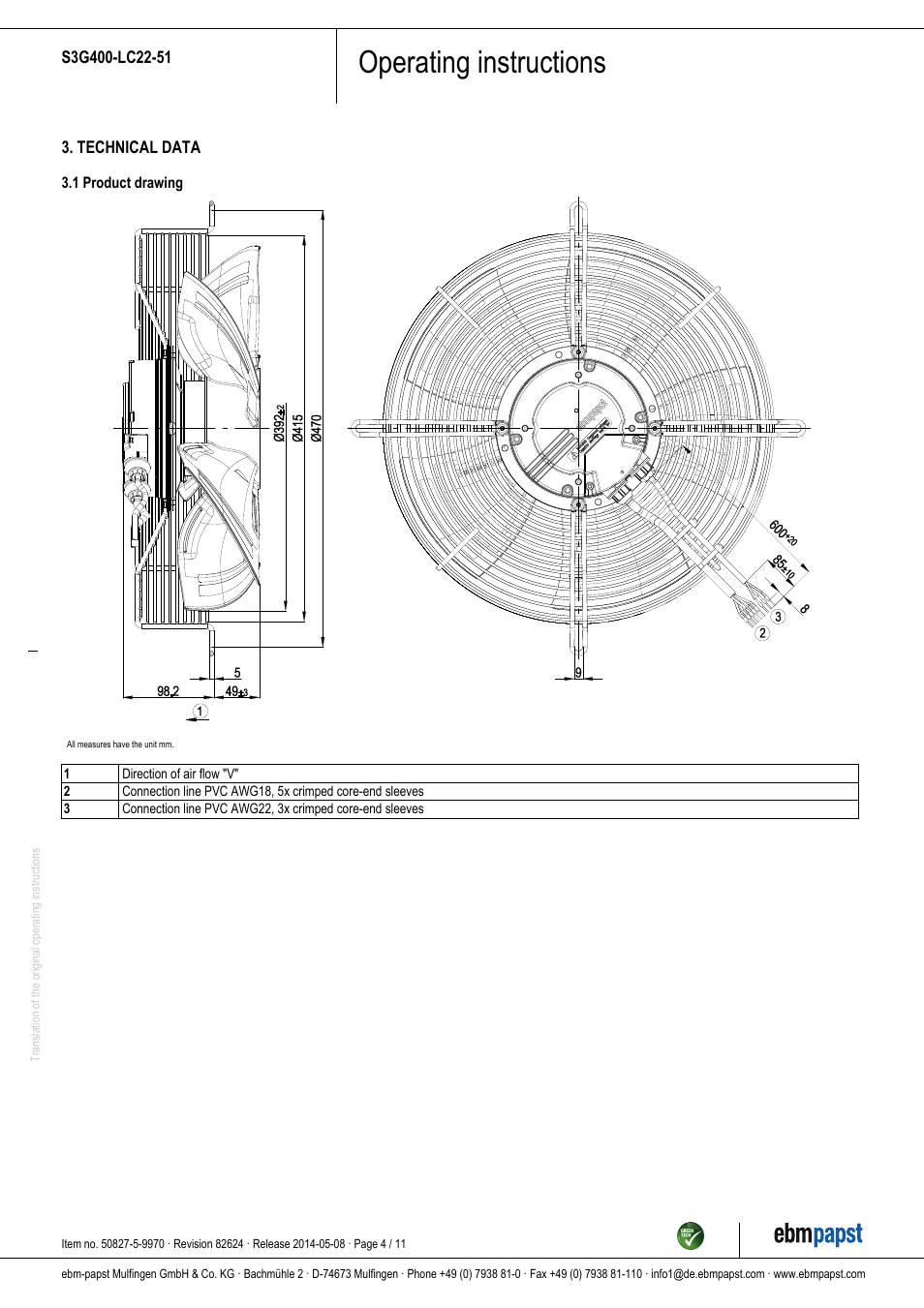 Operating instructions | ebm-papst S3G400-LC22-51 User Manual | Page 4 / 11