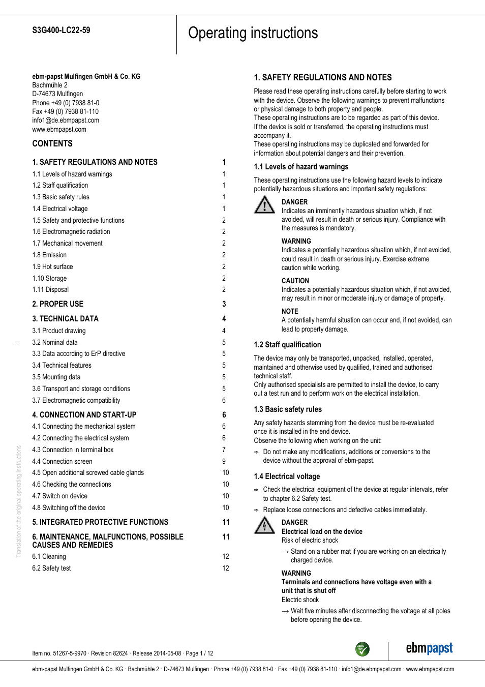 ebm-papst S3G400-LC22-59 User Manual | 12 pages