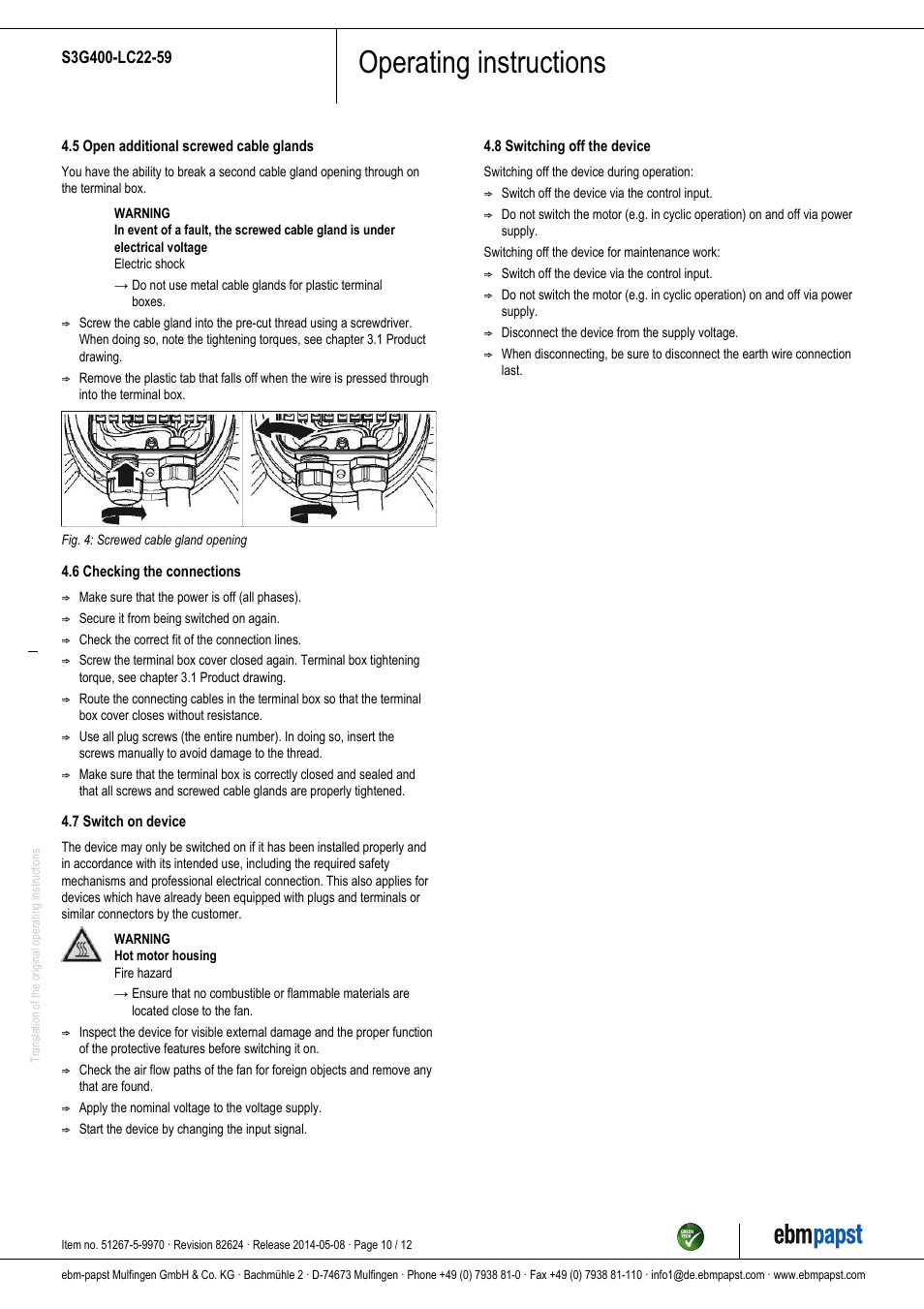 Operating instructions | ebm-papst S3G400-LC22-59 User Manual | Page 10 / 12