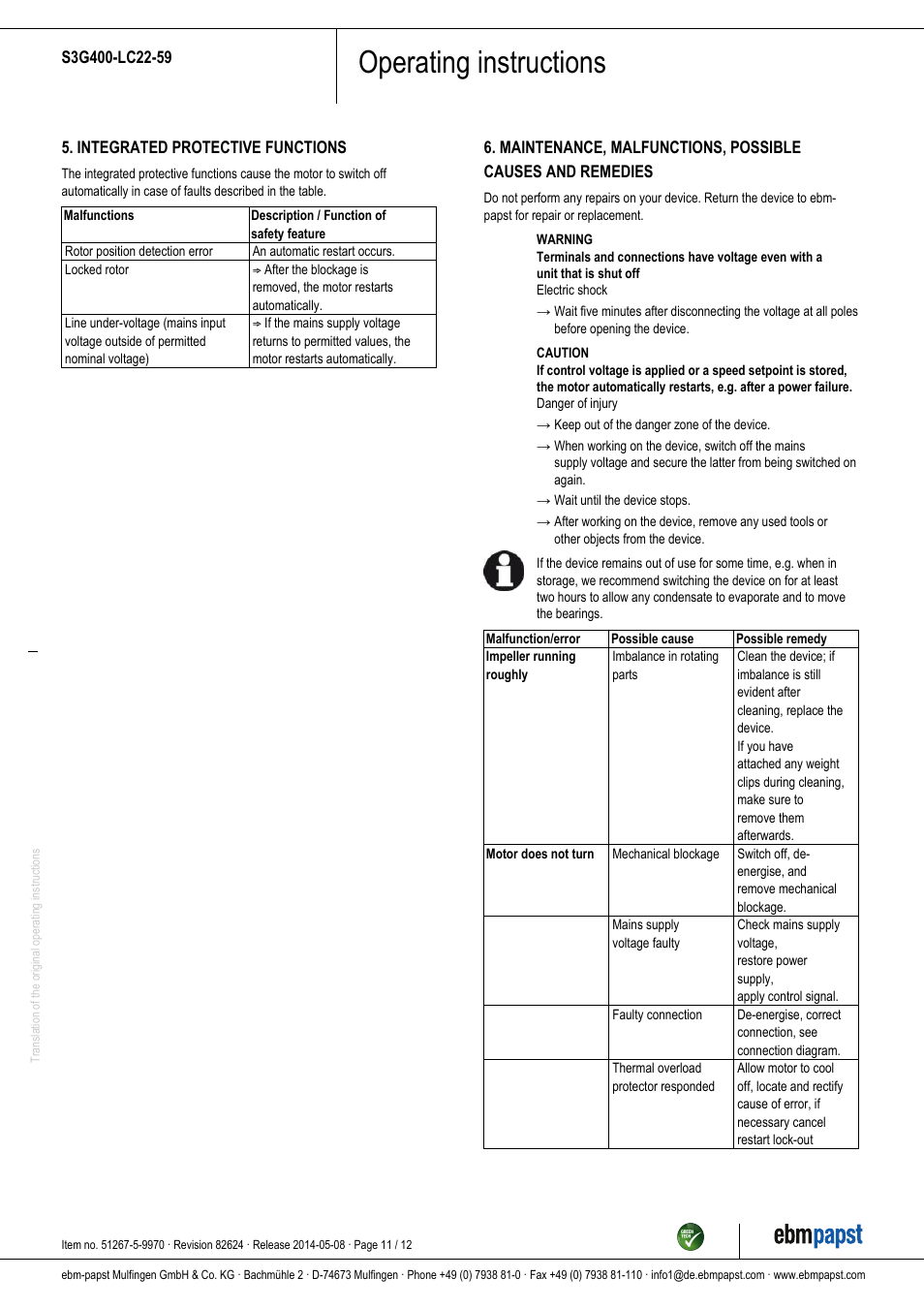 Operating instructions | ebm-papst S3G400-LC22-59 User Manual | Page 11 / 12