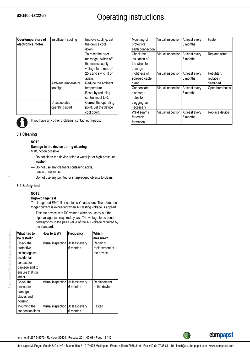 Operating instructions | ebm-papst S3G400-LC22-59 User Manual | Page 12 / 12