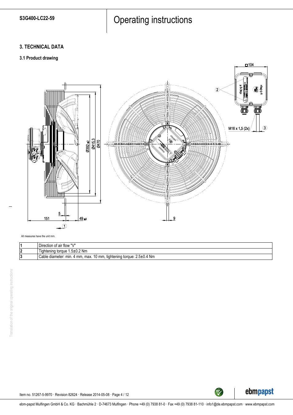 Operating instructions | ebm-papst S3G400-LC22-59 User Manual | Page 4 / 12