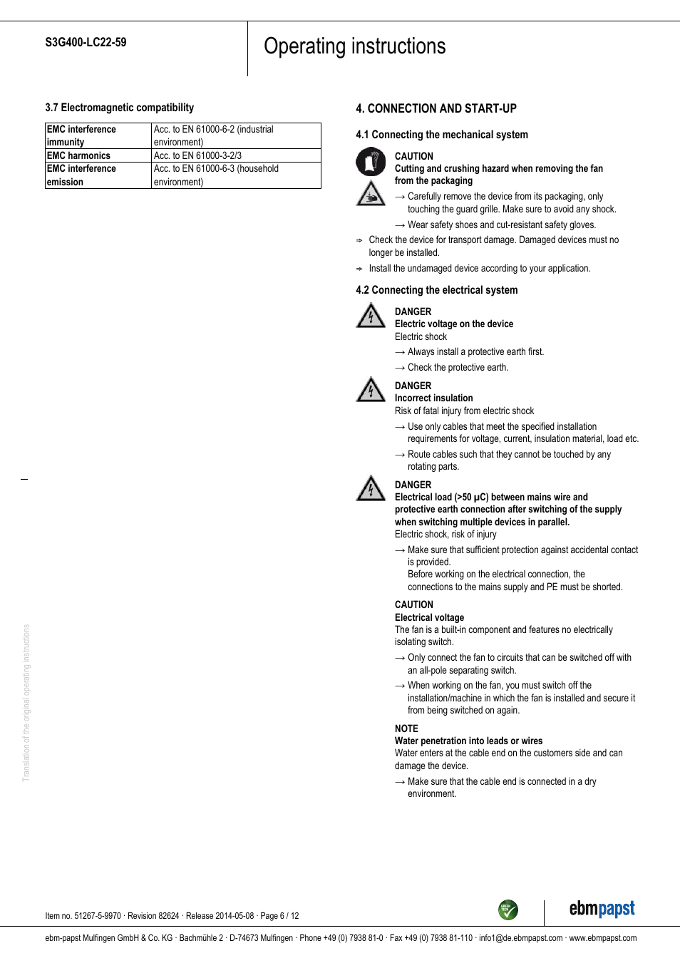 Operating instructions | ebm-papst S3G400-LC22-59 User Manual | Page 6 / 12