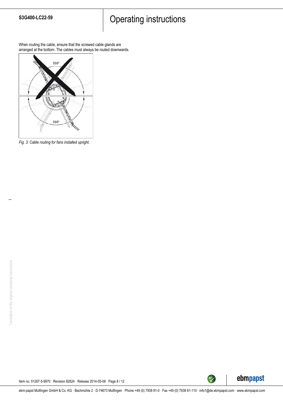 Operating instructions | ebm-papst S3G400-LC22-59 User Manual | Page 8 / 12