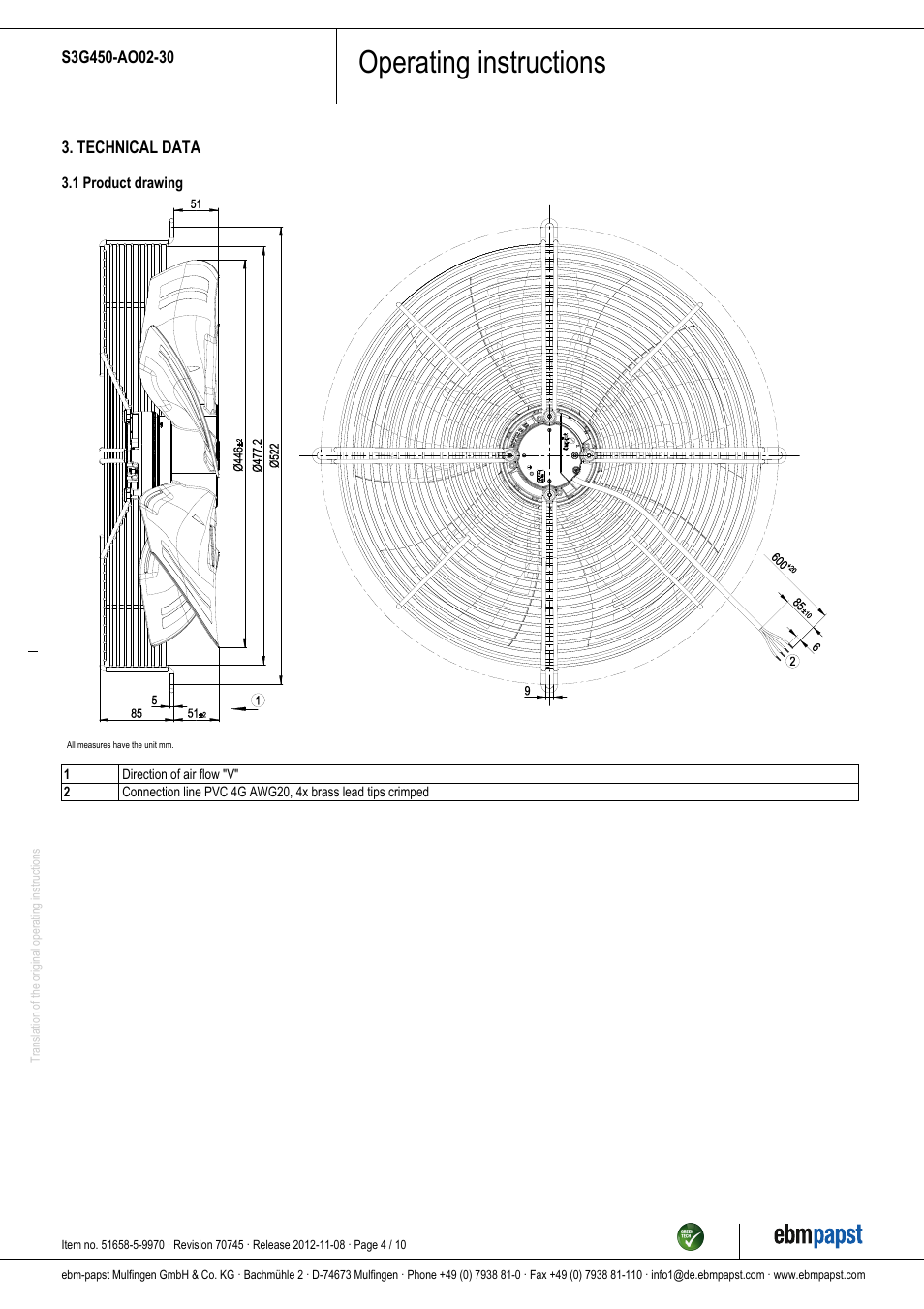 Operating instructions | ebm-papst S3G450-AO02-30 User Manual | Page 4 / 10