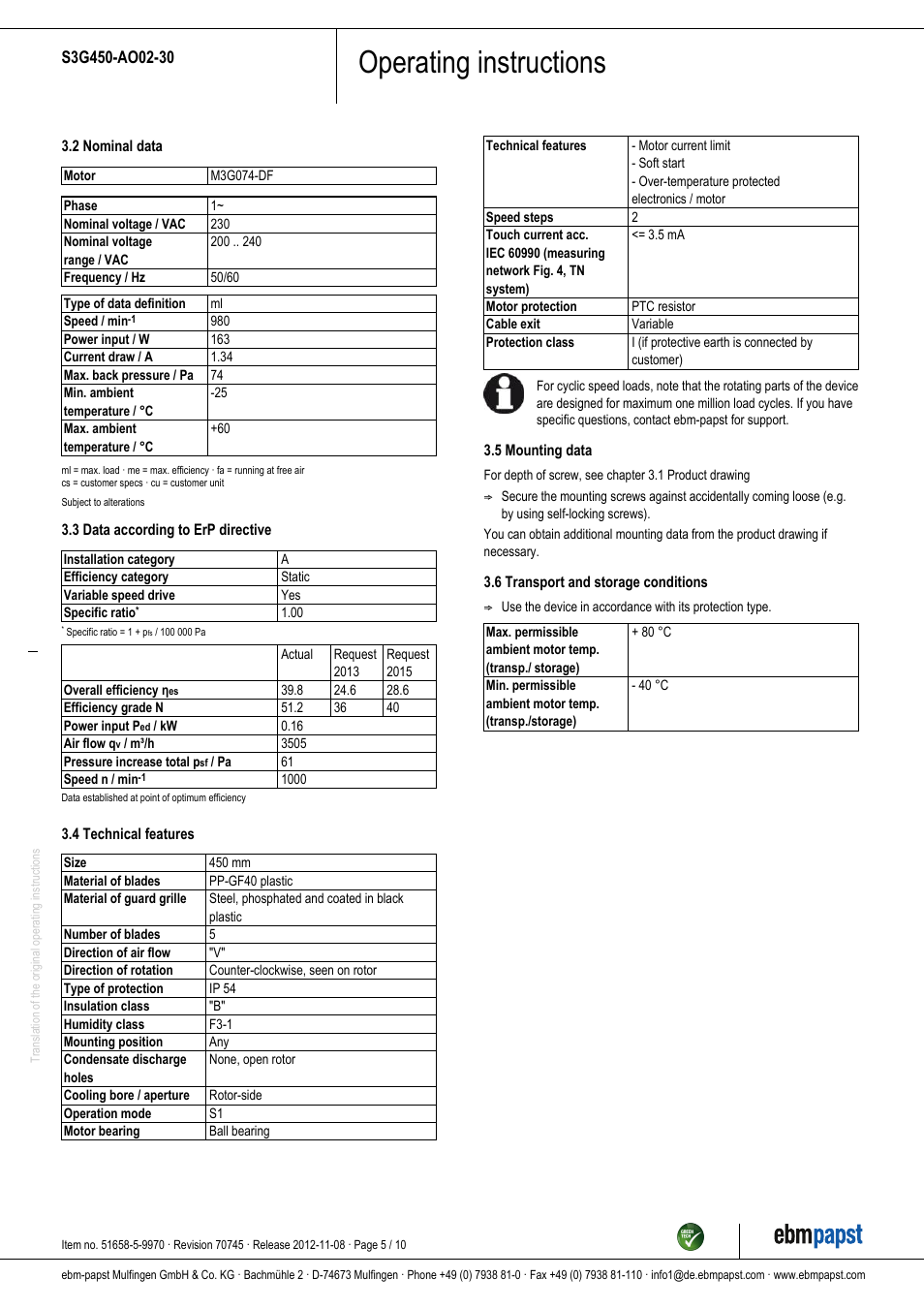 Operating instructions | ebm-papst S3G450-AO02-30 User Manual | Page 5 / 10