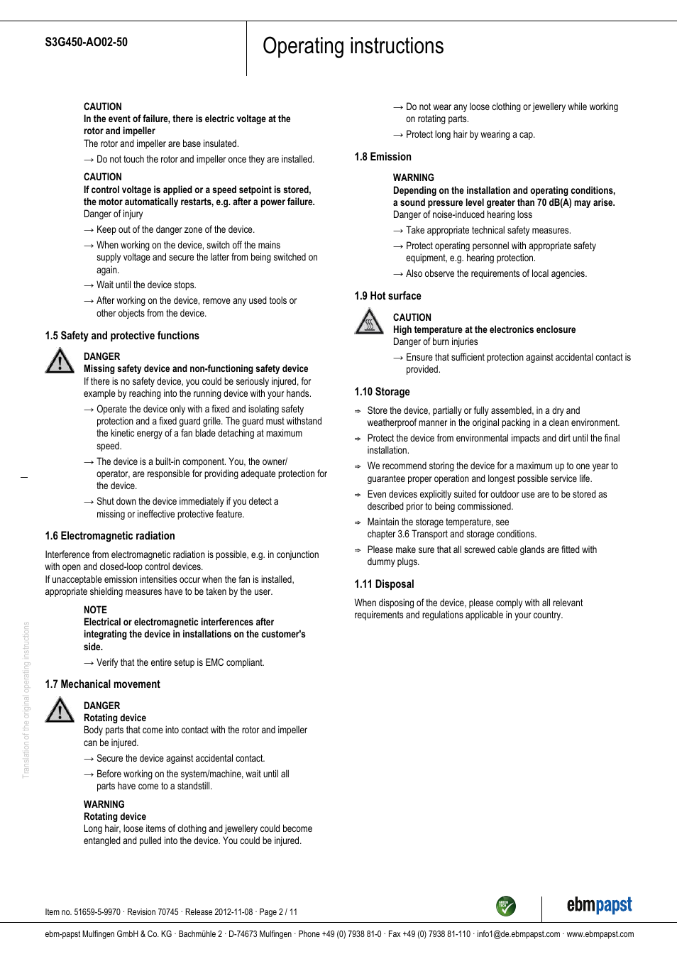 Operating instructions | ebm-papst S3G450-AO02-50 User Manual | Page 2 / 11
