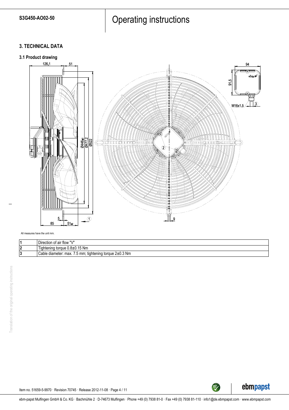 Operating instructions | ebm-papst S3G450-AO02-50 User Manual | Page 4 / 11