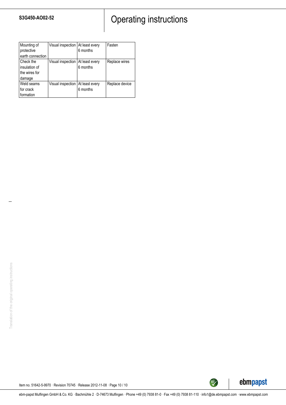 Operating instructions | ebm-papst S3G450-AO02-52 User Manual | Page 10 / 10