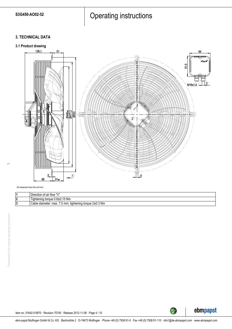 Operating instructions | ebm-papst S3G450-AO02-52 User Manual | Page 4 / 10
