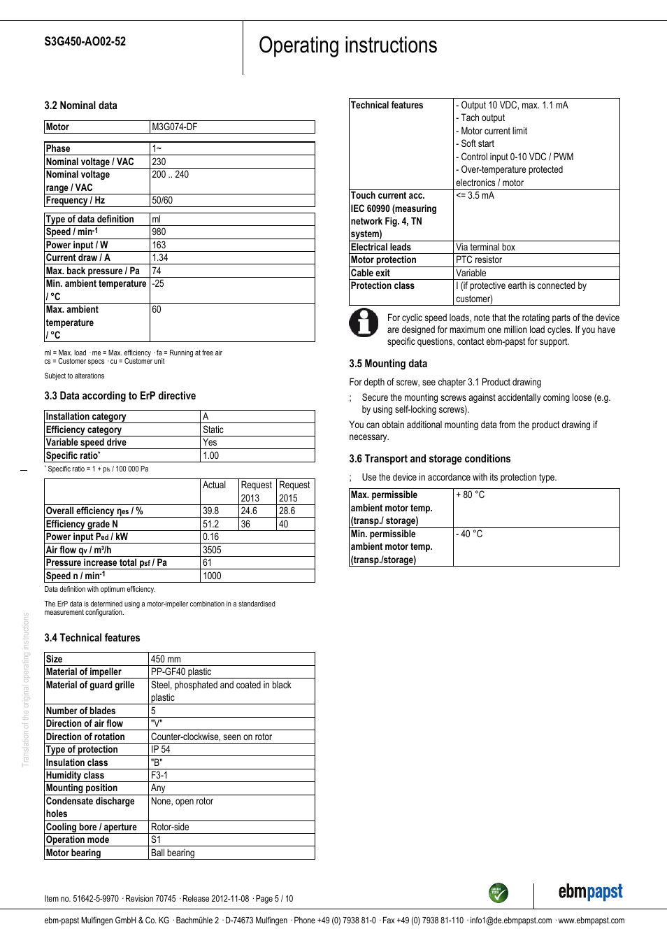 Operating instructions | ebm-papst S3G450-AO02-52 User Manual | Page 5 / 10