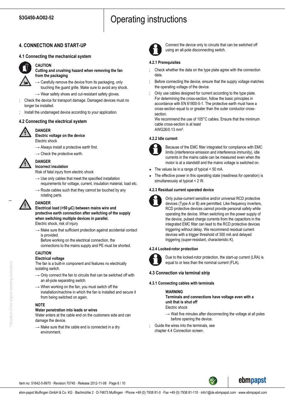 Operating instructions | ebm-papst S3G450-AO02-52 User Manual | Page 6 / 10