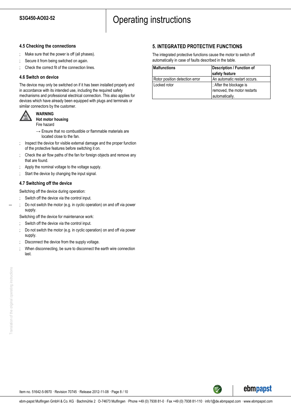 Operating instructions | ebm-papst S3G450-AO02-52 User Manual | Page 8 / 10