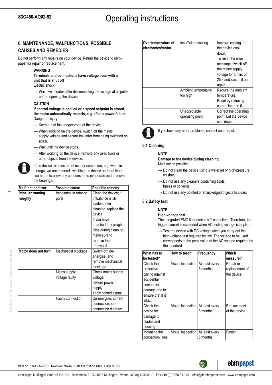 Operating instructions | ebm-papst S3G450-AO02-52 User Manual | Page 9 / 10
