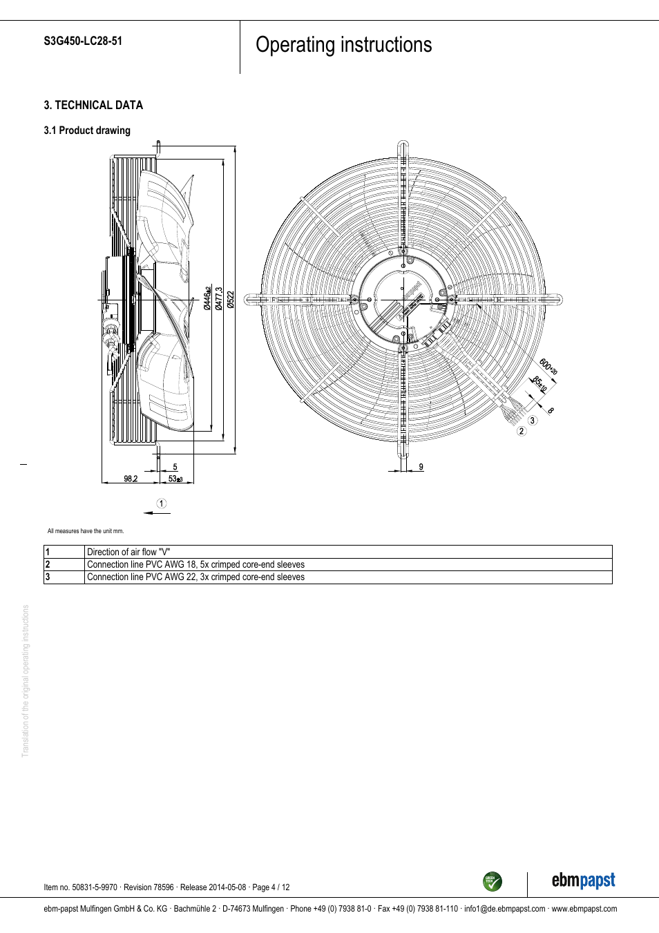 Operating instructions | ebm-papst S3G450-LC28-51 User Manual | Page 4 / 12