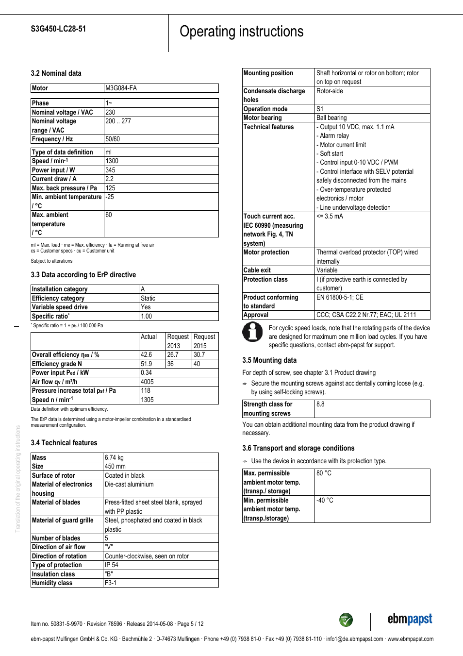 Operating instructions | ebm-papst S3G450-LC28-51 User Manual | Page 5 / 12