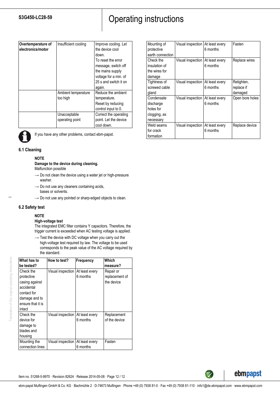 Operating instructions | ebm-papst S3G450-LC28-59 User Manual | Page 12 / 12