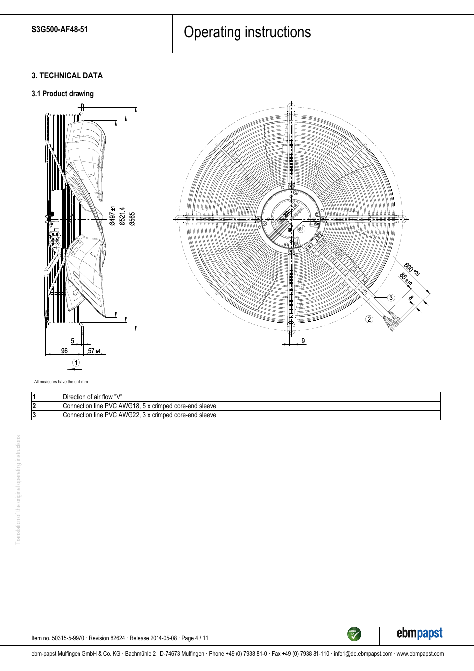 Operating instructions | ebm-papst S3G500-AF48-51 User Manual | Page 4 / 11