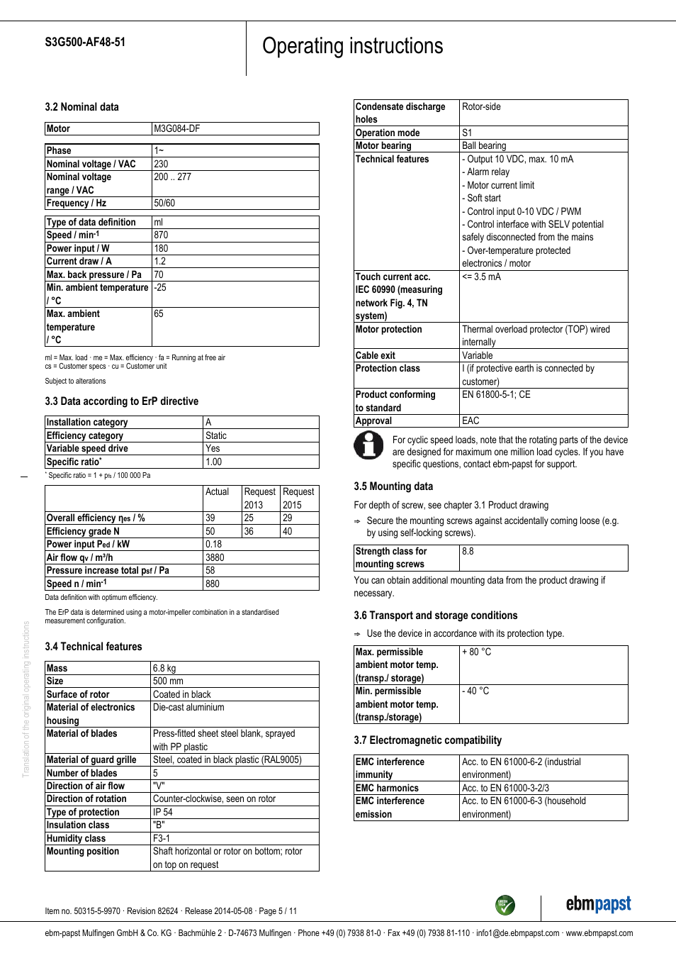 Operating instructions | ebm-papst S3G500-AF48-51 User Manual | Page 5 / 11