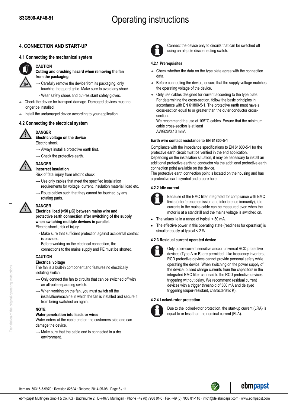 Operating instructions | ebm-papst S3G500-AF48-51 User Manual | Page 6 / 11