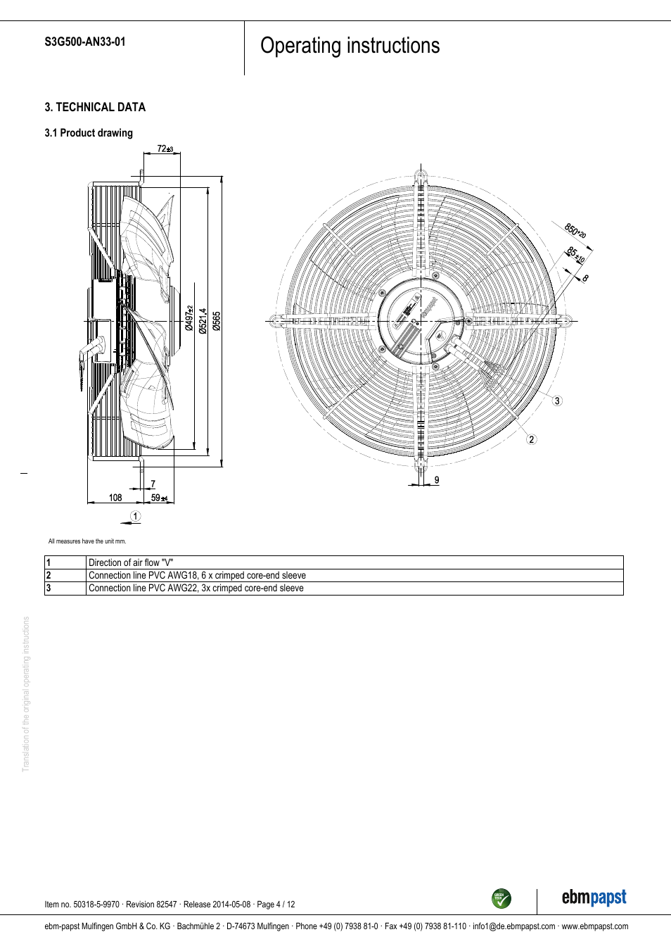 Operating instructions | ebm-papst S3G500-AN33-01 User Manual | Page 4 / 12