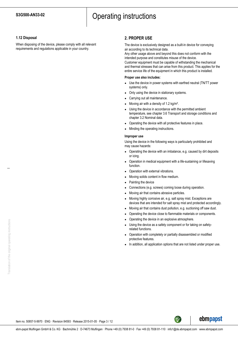 Operating instructions, Proper use | ebm-papst S3G500-AN33-02 User Manual | Page 3 / 12