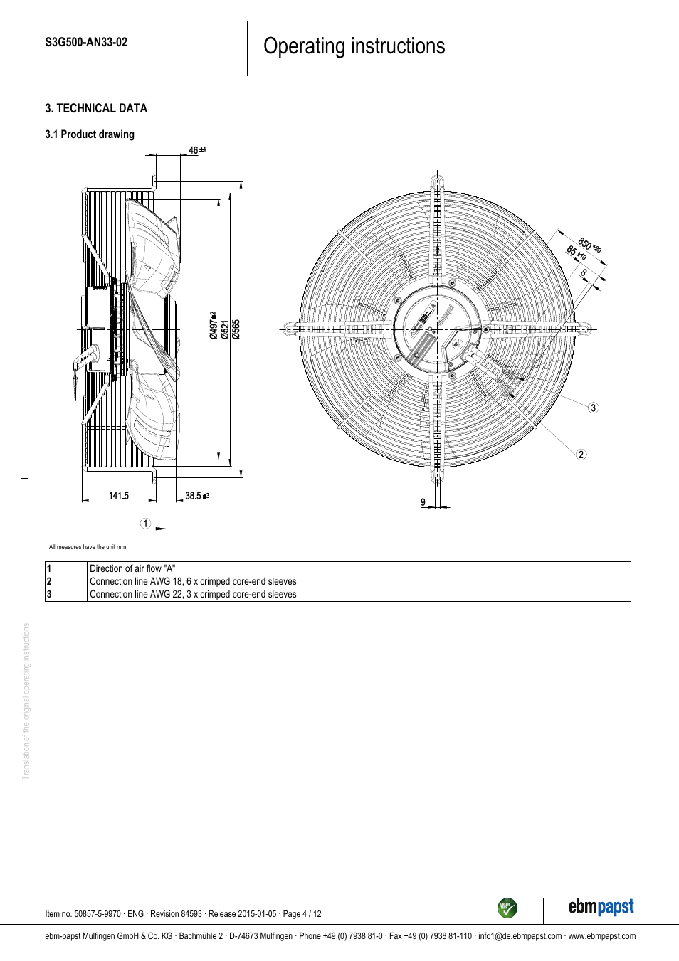 Operating instructions | ebm-papst S3G500-AN33-02 User Manual | Page 4 / 12