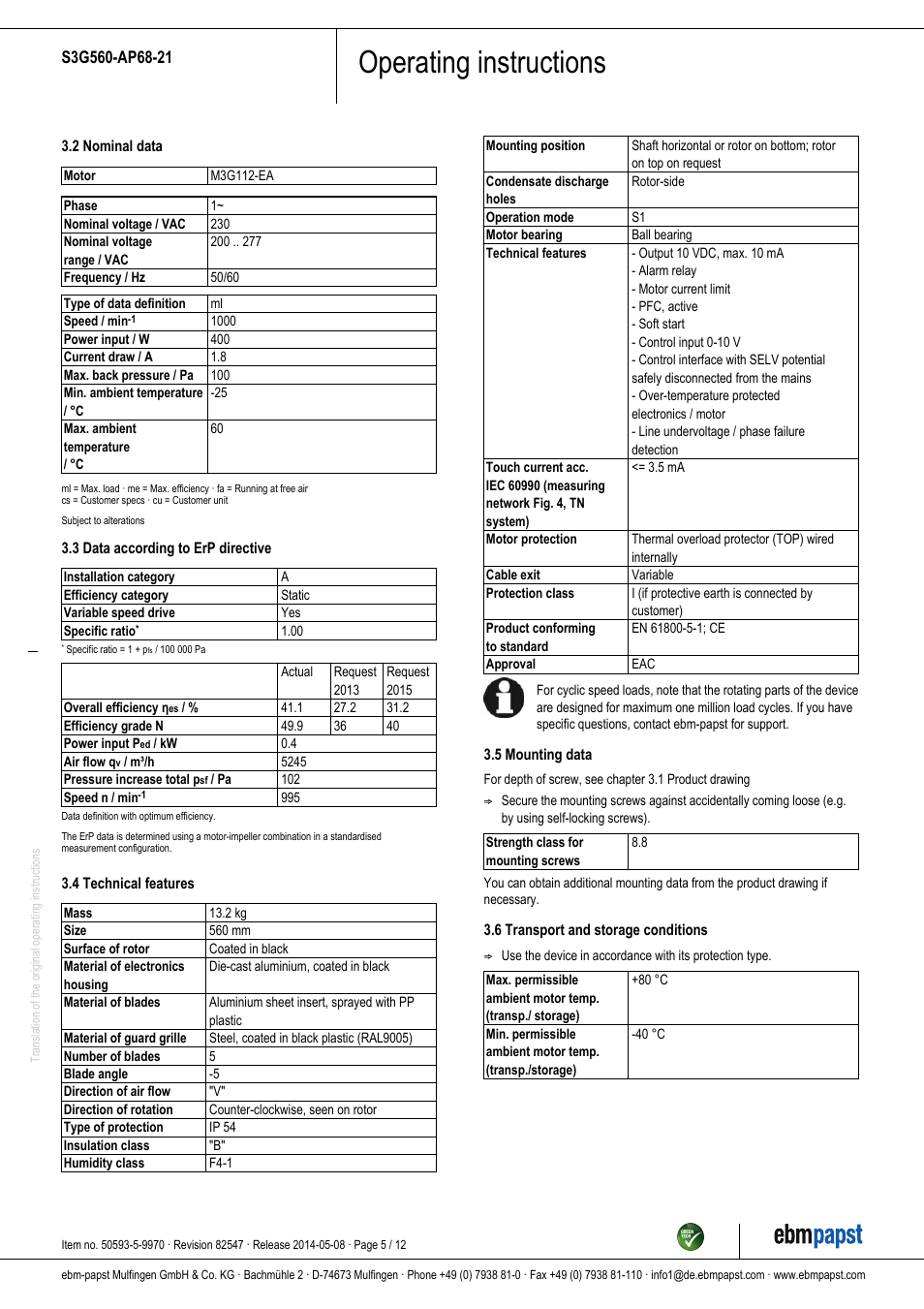 Operating instructions | ebm-papst S3G560-AP68-21 User Manual | Page 5 / 12