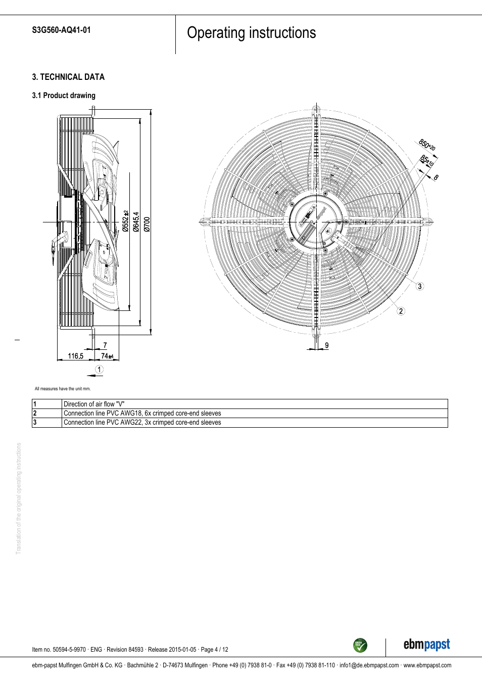 Operating instructions | ebm-papst S3G560-AQ41-01 User Manual | Page 4 / 12