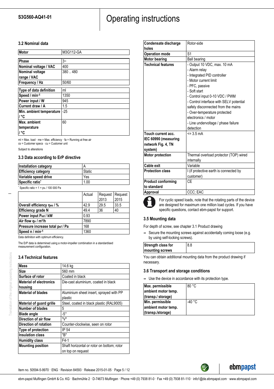 Operating instructions | ebm-papst S3G560-AQ41-01 User Manual | Page 5 / 12