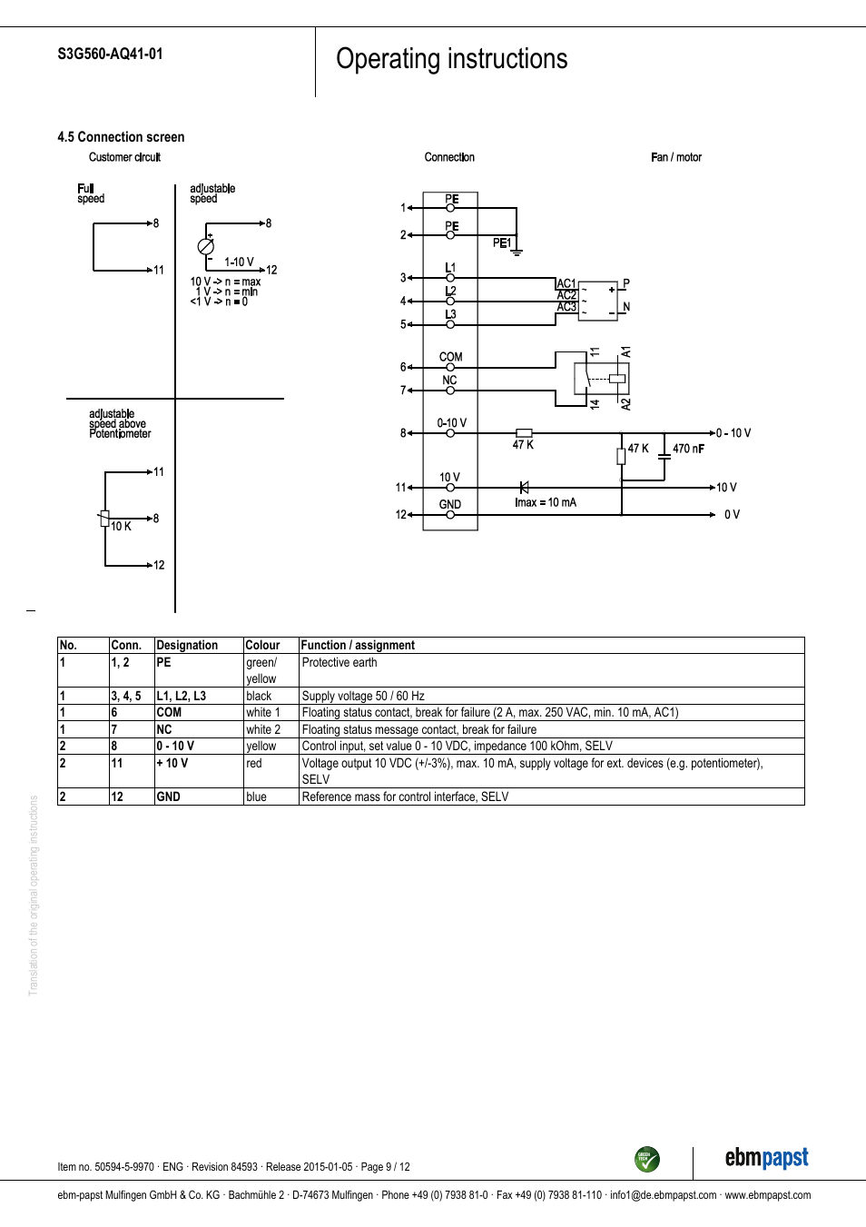 Operating instructions | ebm-papst S3G560-AQ41-01 User Manual | Page 9 / 12