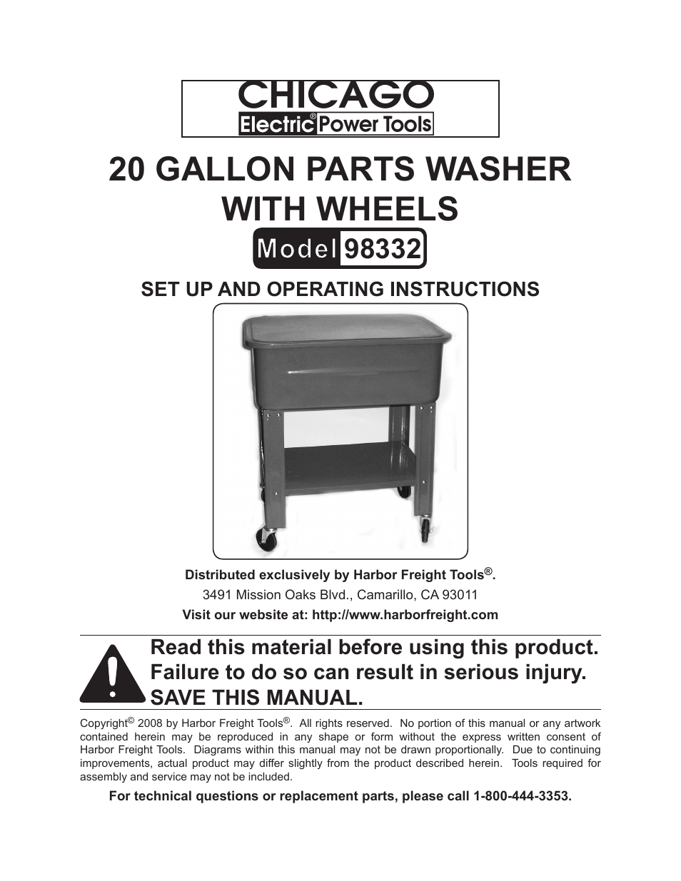 Chicago Electric 20 Gallon Parts Washer With Wheels 98332 User Manual | 14 pages