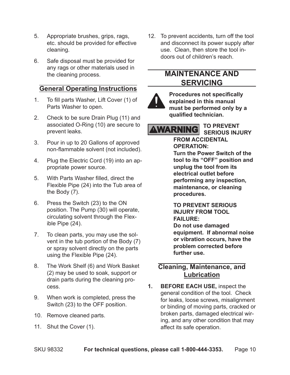 Maintenance and servicing | Chicago Electric 20 Gallon Parts Washer With Wheels 98332 User Manual | Page 10 / 14