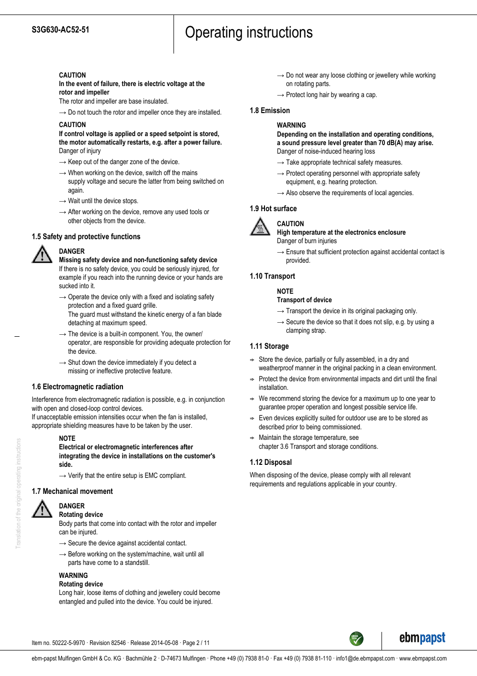 Operating instructions | ebm-papst S3G630-AC52-51 User Manual | Page 2 / 11