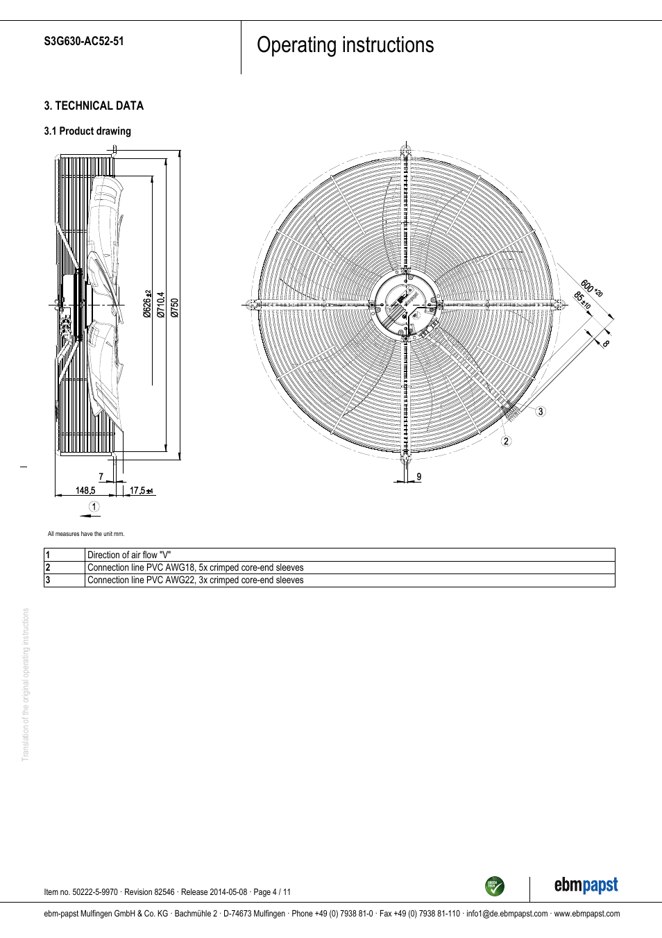Operating instructions | ebm-papst S3G630-AC52-51 User Manual | Page 4 / 11